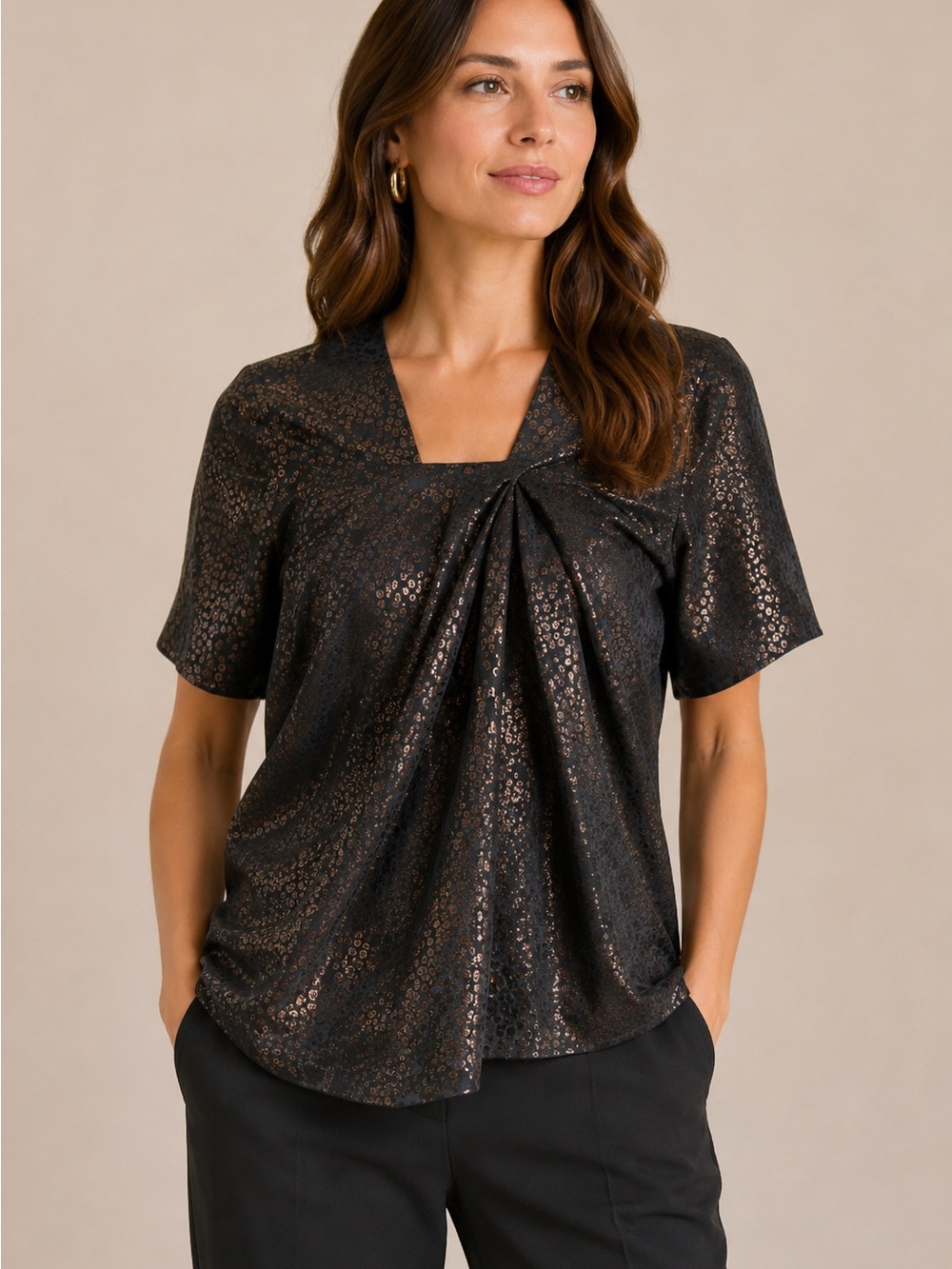 Ports 1961 Silk blend Blouse Women’s Size 4 Black Bronze Shimmer Asymmetrical